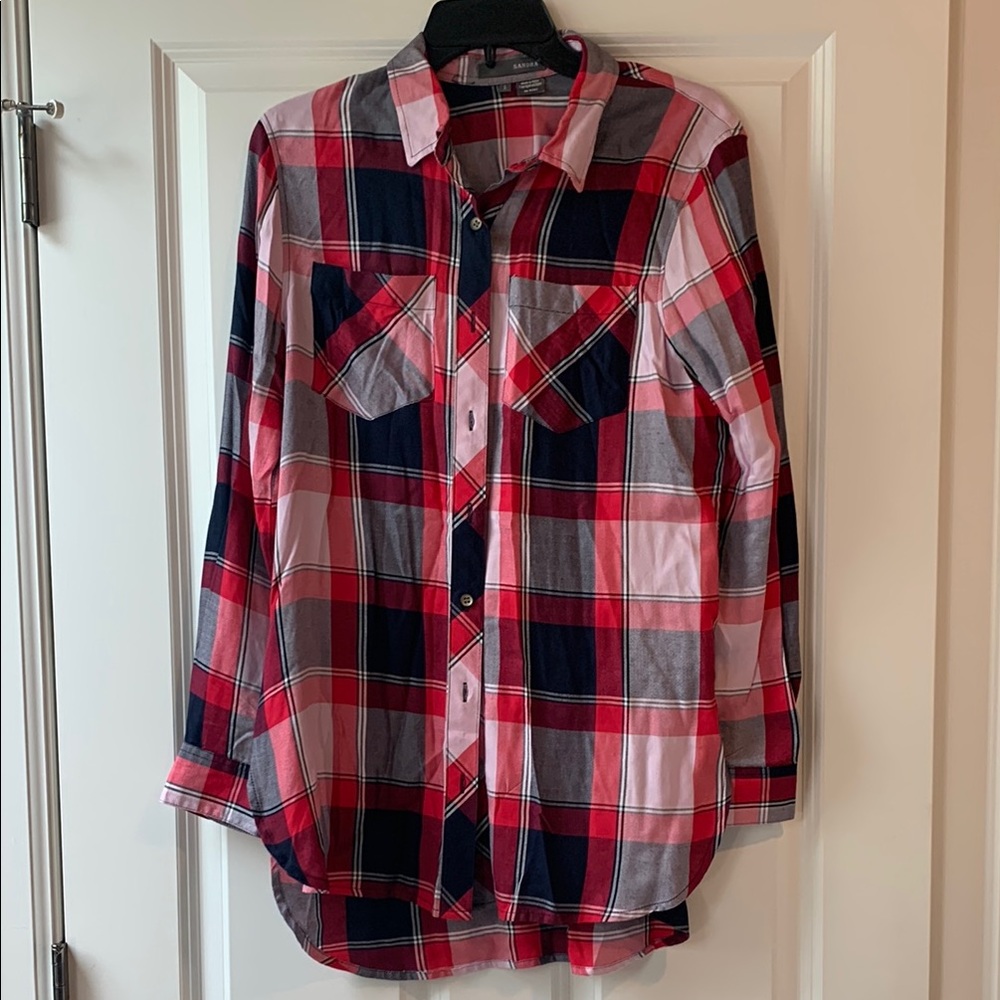 Sandra Red and Navy Button Down Plaid Shirt